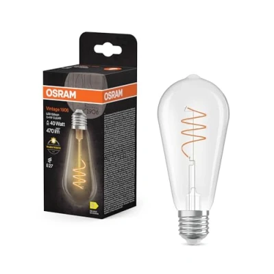 Abbildung von OSRAM Vintage 1906 Edison ist eine warmweiße LED Lampe mit spiralförmigem Filament in Kolbenform. Sie bietet 3.4 W für 470 lm, E27 Fassung, klarfarbenes Glas, 64 mm Durchmesser, 2700 K.