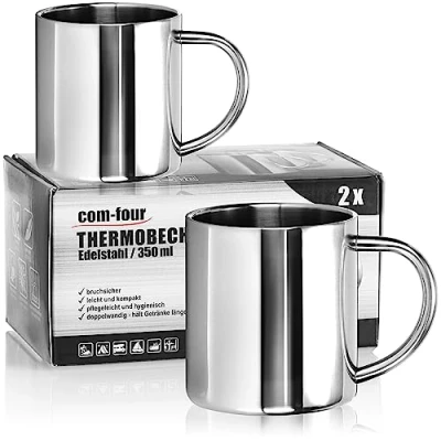Abbildung von com four® 2x Edelstahl Thermobecher 350 ml je Becher Isolierbecher doppelwandig Kaffeetasse bruchsicher Thermo Trinkbecher Campingtasse spülmaschinengeeignet (350ml)