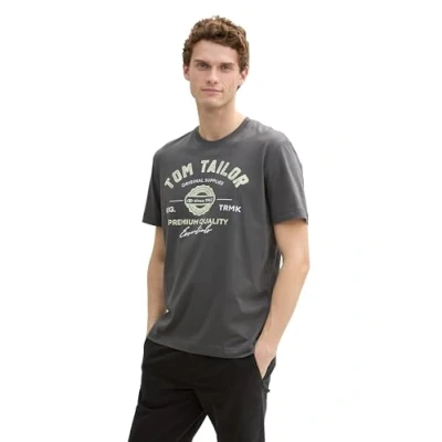 Abbildung von TOM TAILOR Herren 1037735 T Shirt aus Baumwolle mit Logo Print, 10307 Dark Shadow, M