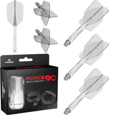 Abbildung von Mission Darts Force 90 Integriertes präzisionsgeformtes Dart Flight und Schaftsystem, 3 Stück, professionelle, sehr langlebige 2 in 1 kombinierte Flights Schäfte, schlank (transparent,