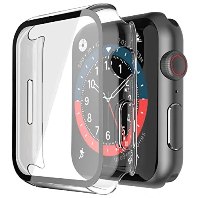Abbildung von Misxi Hard Hülle mit Glas Displayschutz Kompatibel Apple Watch Series 9 (2023) 8 7 45mm, Rundum Schutzhülle HD Ultradünne PC Schutz Case für iWatch S9/S8/S7, 2 Stück, Transparent