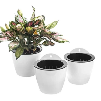 Abbildung von 3er Pack Hängende Pflanzgefäße Selbstbewässernde vertikale Wandmontage Fenster hängen runde Kunststoffbehälter Indoor Outdoor Pflanzen Blumen Küche Living Herbs Holder Dekor Dekoration Weiß 3*Large