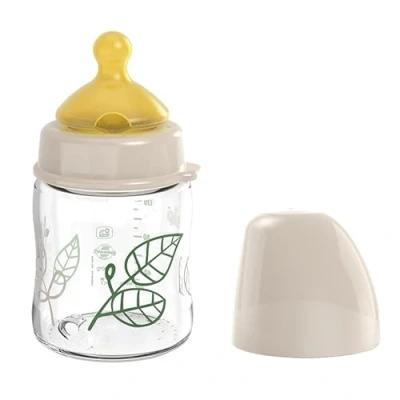 Abbildung von nip Weithalsflasche Babyflasche mit Ventil für optimalen Lufteinstrom und zwei Naturkautschuk Trinksauger. Stillfreundliche aus bruchfestem Glas Gr. S, 120ml, Braun