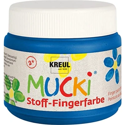 Abbildung von KREUL 28104 Mucki leuchtkräftige Stoff Fingerfarbe, 150 ml in blau, auf Wasserbasis, parabenfrei, glutenfrei, laktosefrei und vegan, optimal für die Anwendung mit Fingern Händen
