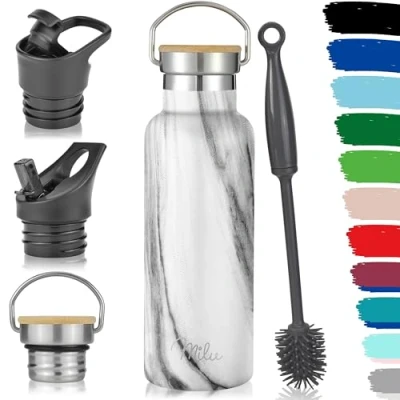 Abbildung von Milu Edelstahl Trinkflasche 500ml, 750ml, 1000ml (+3 Deckel) Thermosflasche mit Strohhalm, Isolierte Wasserflasche, Auslaufsichere Isolierflasche doppelwandig, Kohlensäure geeignet (Marble, 500ml)
