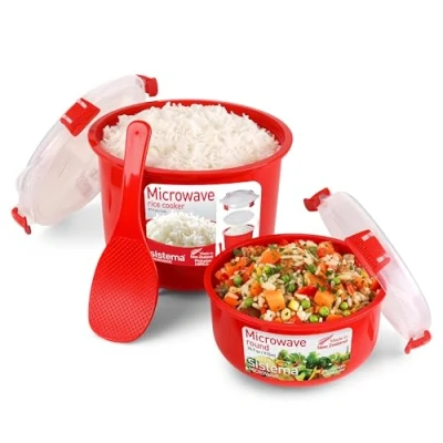 Abbildung von Sistema Microwave Reiskocher 2,6 l runde Mikrowellen Frischhaltedose (915 ml) BPA frei rot [82001]