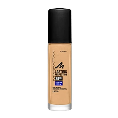 Abbildung von Manhattan Lasting Perfection 25 Stunden Make up, Sesame 50, feuchtigkeitsspendende Foundation, langanhaltend, hohe Deckkraft, für einen makellosen Teint, 30 ml