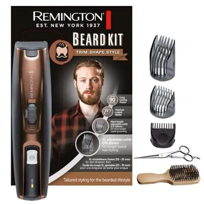 Abbildung von Remington Barttrimmer Herren [inkl XL langer Vollbart Aufsatz/0,4mm 35mm/Titan selbstschärf. Klingen] Bartschneider Set (3 Aufsteckkämme:Stoppel/kurz/XL, Netz /Akkubetrieb, Langhaarschneider) MB4046