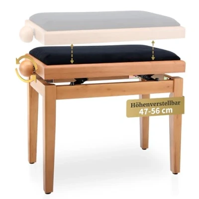 Abbildung von Classic Cantabile Pianobank Kirsche matt (Höhenverstellbar von 47 56cm, Spindelmechanik, Sitzfläche 55 x 32cm, schwarzer Velourbezug, stabil)