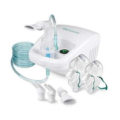 Abbildung von medisana IN 500 Inhalator, Kompressor Vernebler mit Mundstück und Maske für Erwachsene Kinder, bei Erkältungen oder Asthma extra viel Zubehör langem Schlauch 1er Pack