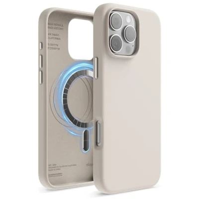 Abbildung von elago Magnetisch Silikon Hülle Kompatibel mit iPhone 16 Pro Max 6,9 Zoll, Allen MagSafe Zubehör Eingebaute Magnete, Soft Grip Silikon, Stoßfest (Taupe)