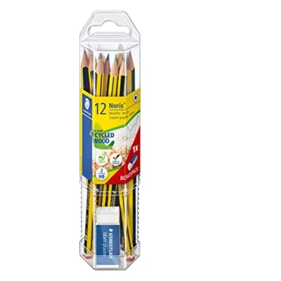 Abbildung von STAEDTLER Bleistift Noris 120, Made from Upcycled Wood, Härtegrad HB, Rutschfeste Soft Oberfläche, Set mit 12 Bleistiften, 1 Radiergummi, hohe Qualität in Germany, 61 120P1