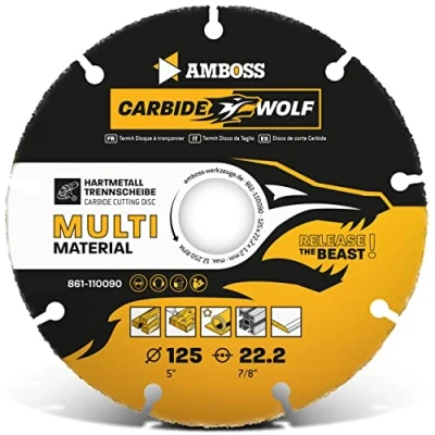 Abbildung von Amboss Carbide Wolf Ø 125mm Multi Hartmetall Trennscheibe für Winkelschleifer (Flex,Bosch uva) Holz (mit Nägeln), Kunststoff, Plastik, Gips Holztrennscheibe, Universal Sägeblatt, Speedcutter