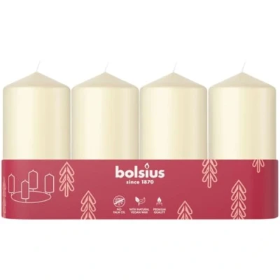 Abbildung von Bolsius Stumpenkerzen glatt 4er Set Elfenbein 100x48mm Dekokerzen lange Brenndauer geruchlos mit natürlichem Pflanzenwachs ohne Palmöl