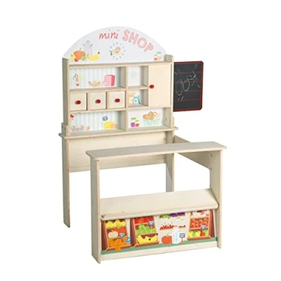 Abbildung von roba Kaufladen &#039;Minishop&#039;, Kinder Kaufmannsladen, Holz natur, Verkaufsstand mit Theke, Tafel, Schiebetür &amp; Markststand Bedruckung