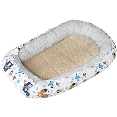 Abbildung von Medi Partners Babynest Kuschelnest Babynestchen 100% Baumwolle Nestchen Reisebett für Babys Säuglinge 100x60x15cm herausnehmbarer Einsatz (Boho Animals mit beige Minky)