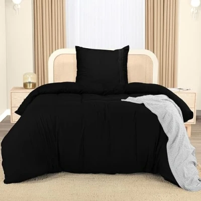 Abbildung von Utopia Bedding Bettwäsche 135x200 Set Mikrofaser Bettbezug cm + 1 Bestickte Kissenbezug 80x80 Schwarz