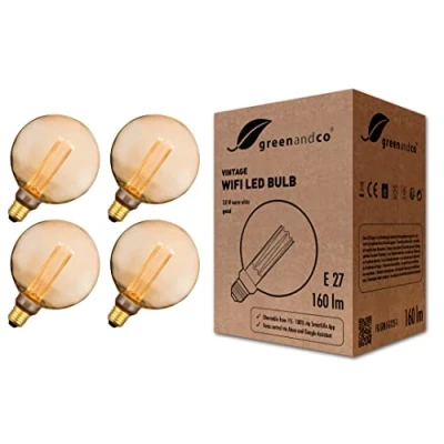 Abbildung von 4x greenandco® Smart WiFi Vintage Design LED Lampe E27 G125, 3.8W 160lm 1800K 320 230V, flimmerfrei, dimmbar, kompatibel mit Alexa und Google Assistant, WLAN (ohne Hub), 2 Jahre Garantie