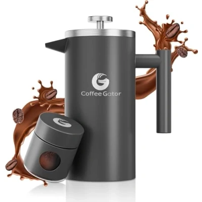 Abbildung von Coffee Gator French Press Kaffeebereiter Heißer für Länger Thermobrüher Plus Reiseglas Große Kapazität, doppelwandig isoliert, spülmaschinengeeigneter Edelstahl 1 Liter Grau