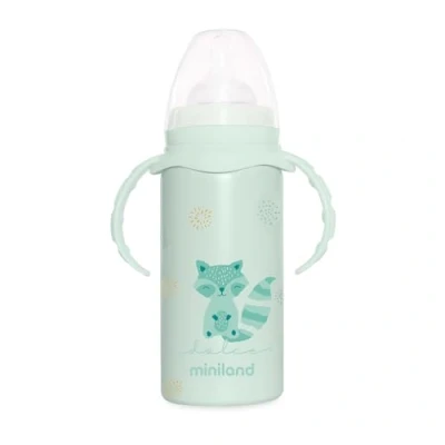 Abbildung von Miniland Thermobaby Dolce Mint. Thermosflasche 240ml aus Edelstahl mit Sauger und einer Doppelschicht Stahl, die Temperatur des Getränks stundenlang kalt oder warm hält.