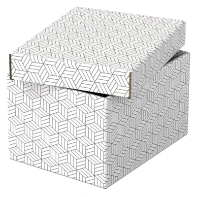 Abbildung von Esselte 3er Set kleine Aufbewahrungs &amp; Geschenkboxen mit Deckel, Schachteln für Wohnung/Büro Geschenkverpackung, 100% recycelter Karton, recycelbar, geometrische Designs, Weiß, 628280