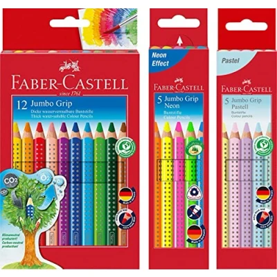 Abbildung von Faber Castell Farbstift Jumbo Grip Kartonetui 12er + 5er Etui Neonfarben Pastellfarben