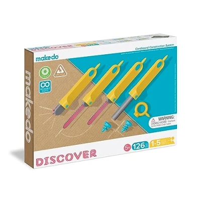 Abbildung von Makedo Konstruktionsspielzeuge für Pappe, Kinderspiele ab 5, Mint Lernspielzeug, perfekt das kreative Spielen zu Hause 126 teiliger Werkzeugsatz Discover Packung