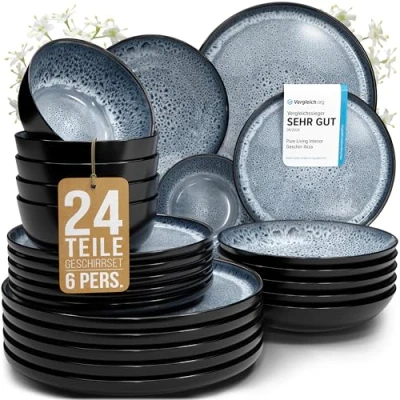 Abbildung von Steingut Geschirrset 6 Pers. Ibiza 24 tlg Hochwertiges Mediterranes TEST SEHR GUT Geschirr Set Schüssel und Teller Tafelservice Personen Geschirrsets Pure Living in Rauchblau