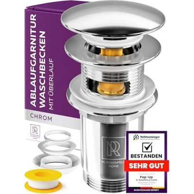 Abbildung von Waschbecken Ablaufgarnitur mit Überlauf für Waschtisch Pop Up Ventil Chrom Abfluss 4 Ersatzdichtungen aus Messing M. ROSENFELD HOME