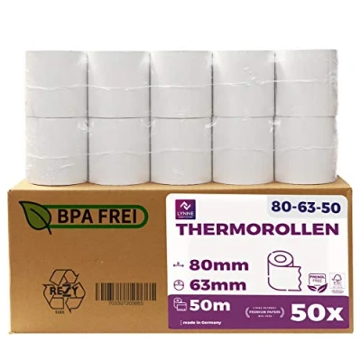 Abbildung von Thermorollen/Bonrollen/Kassenrollen 80mm x 50m 12mm (80x63x12) für alle gängigen Thermopapier Kassen Bondrucker BPA Frei