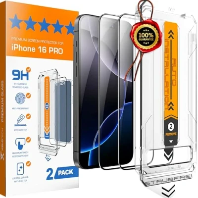 Abbildung von XeloTech Premium Schutzglas für iPhone 16 Pro Aus Panzerglas Automatische Ausrichtung mit neuer Antistaub Schablone, 2 Gläser Extra Hart härter als 9H