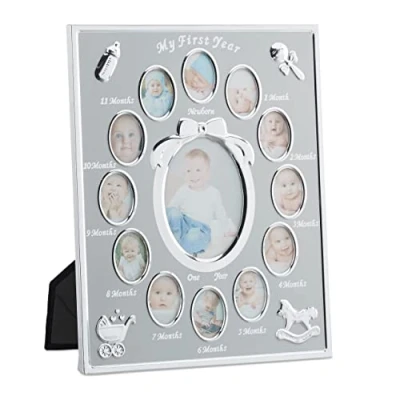 Abbildung von Relaxdays, Silber Babybilderrahmen, First Year, Monatsbilderrahmen Alu, 12 Monate, 29 x 24 cm, Collage zum Aufstellen, Aluminium, Pappe, Standard