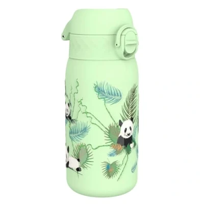 Abbildung von Ion8 Kinder Trinkflasche, Edelstahl 400ml, Auslaufsicher, Einhandöffnung, Sichere Verriegelung, Spülmaschinenfest, Klappdeckel, Tragegriff, Leicht zu Reinigen, Langlebig &amp; Kratzfest, Panda Design