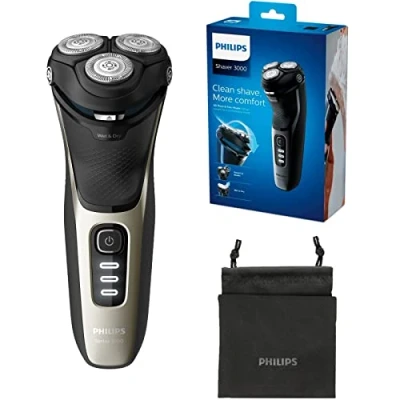 Abbildung von Philips Shaver Series 3000 Elektrischer Nass und Trockenrasierer für Herren mit ausklappbarem Trimmer Reisetasche (Modell S3230/52)