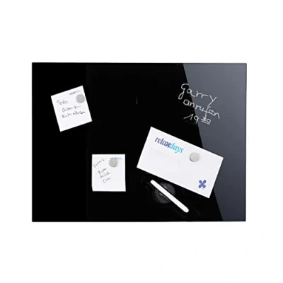 Abbildung von Relaxdays Magnettafel, beschreibbar, inkl. 3 Magnete &amp; Stift, abwischbar, Rahmenlos, Magnetboard Glas, 100x60cm, schwarz