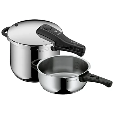 Abbildung von WMF Perfect One Pot Schnellkochtopf Set Induktion 2 teilig, Dampfkochtopf 6,5l + 3l, großes Kochsignal, Kochstufen, abnehmbarer Deckelgriff, Edelstahl