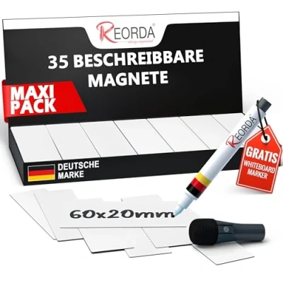 Abbildung von Reorda® Magnetstreifen beschreibbar 35 Stück wiederbeschreibbar 6 x 2 cm (Weiß) Beschreibbare Magnete für Whiteboard, Kanban, Magnettafel beschriftbare den Kühlschrank