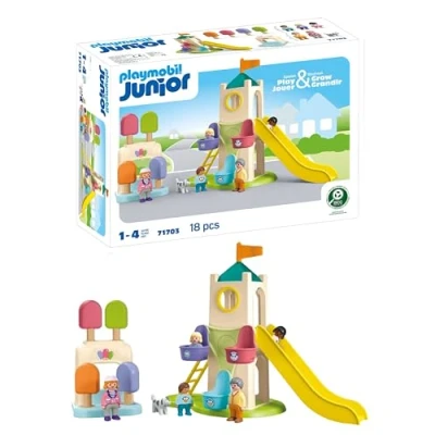 Abbildung von PLAYMOBIL JUNIOR 71703 Erlebnisturm mit Eisstand, inklusive Rutsche und Riesenrad Kurbel, nachhaltiges Spielzeug aus pflanzenbasierten Kunststoffen, für Kinder ab 1 Jahr
