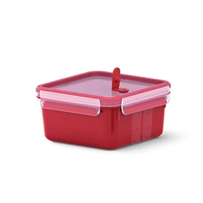 Abbildung von Emsa Mikrowellendose Clip &amp; Micro N10604 Mikrowellenventil 1,3 L Quadratisch Lunchbox Integrierte Maßeinteilung Made In Germany Rot/ Transparent