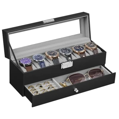 Abbildung von SONGMICS Uhrenbox, Uhrenkasten mit Glasdeckel, 2 Ebenen, für 6 Uhren, abschließbar, 1 Schublade, Ringe, Armbänder, Geschenkidee, PU Bezug in Schwarz, Innenfutter Grau JWB060G01