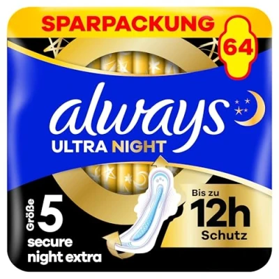Abbildung von Always Ultra Binden Damen Gr. 5, Secure Night Extra, 64 Damenbinden mit Flügeln (4 x 16 Stück) Multipack, dünn und super saugfähig, geruchsneutralisierend Auslaufschutz