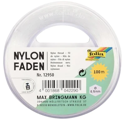 Abbildung von folia 12950 Nylonfaden auf Spule, transparent, ca. 0,5 mm x 100 m, Tragkraft 7,5 kg, kaum sichtbarer Faden ideal für Mobiles, Schmuck, zur Dekoration usw.