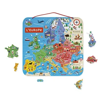 Abbildung von Janod Magnetisches Puzzle Europakarte Pädagogisches Holzpuzzle Zum Lernen der Geographie Europareise mit 40 Magneten Aufhängen an Wand Französische Version Ab 7 Jahren, J05476