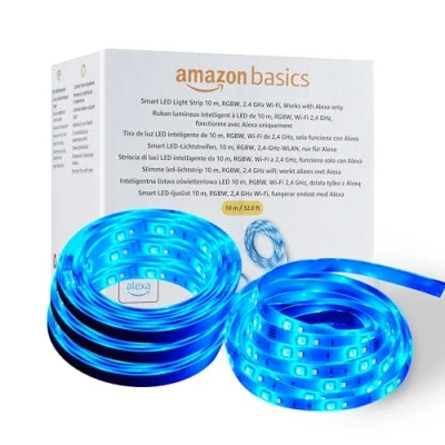 Abbildung von Amazon Basics Smarter LED Lichtstreifen, 10 m, RGBW, 2,4 GHz WLAN, nur für Alexa geeignet, Mehrfarbig