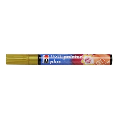 Abbildung von Marabu 01180003784 Textil Painter plus, gold 784, Strichstärke ca. 3 mm, Stoffmalstift für helle und dunkle Stoffe, auf Wasserbasis, weicher Griff, nach Fixierung waschbeständig bis 40C