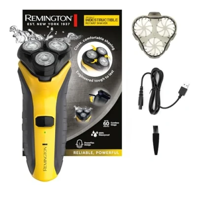 Abbildung von Remington Elektrischer Rasierer [Unzerstörbar/Indestructible] Rotations Rasierapparat (Nass &amp; Trocken, Polycarbonatgehäuse, Dual track Klingen, Comfort Detailtrimmer + 3 Tage Bart Styler) PR1855