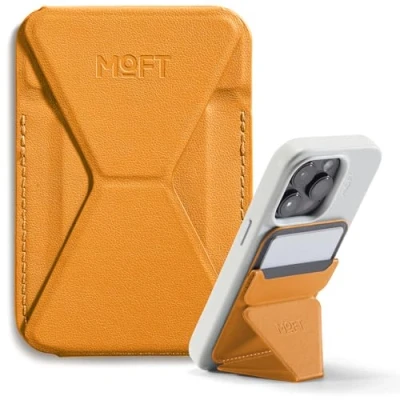 Abbildung von MOFT Magnetische Wallet Ständer für iPhone 16/15/14/13/12 Serie Kompatibel mit MagSafe, MOVAS Vegan Leder Magnetischer Handyständer 3 Betrachtungswinkeln, 2 Kartenhalter (Orange)
