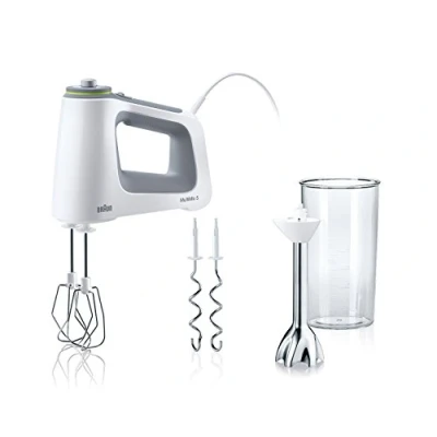 Abbildung von Braun MultiMix 5 HM 5107 Handmixer Handrührgerät mit stufenloser Geschwindigkeitsregelung, inkl. Schneebesen, Knethaken, Pürierstab und 600 ml Mix Messbecher, 750 Watt, weiß