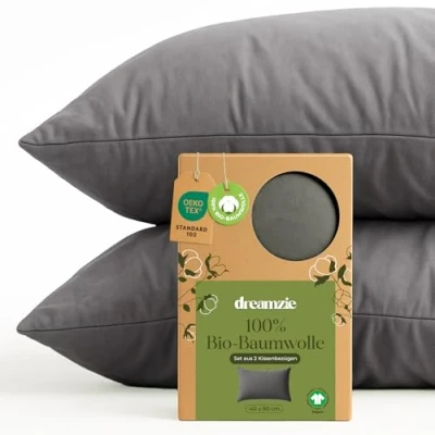 Abbildung von Dreamzie 100% Bio Baumwolle Kissenbezug 40x80 cm 2er Set Anthrazit mit Reißverschluss Oeko Tex