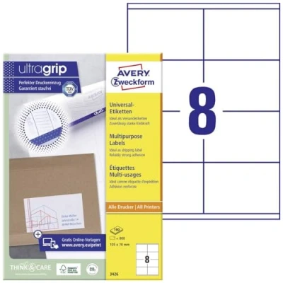 Abbildung von AVERY Zweckform 3426 Universal Etiketten (800 Klebeetiketten, 105x70mm auf A4, Papier matt, bedruckbare Versandetiketten, selbstklebende Versandaufkleber mit ultragrip) 100 Blatt, weiß